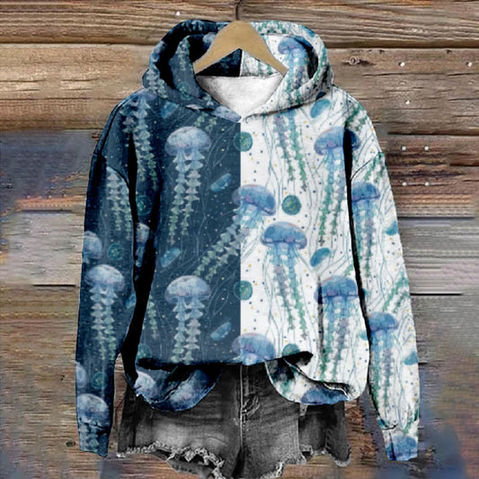 Women's Creative Jellyfish With Shell Foot Print Casual Long Sleeve Hoodie - Blue - 8XL - image 1