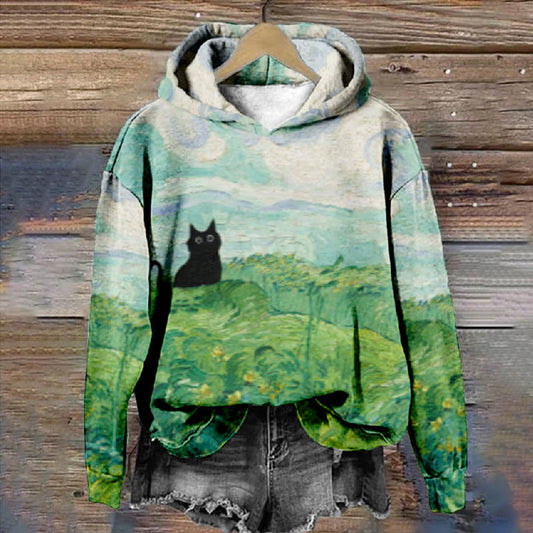 Women's Grassland Cute Black Cat Print Casual Long Sleeve Hoodie - Green - 8XL - image 1
