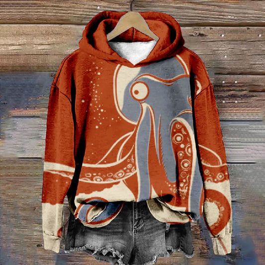 Women's Funny Abstract Octopus Print Casual Long Sleeve Hoodie - Orange - 8XL - image 1