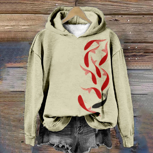 Women's Vintage Watercolor Goldfish Print Casual Long Sleeve Hoodie - Apricot - 8XL - image 1
