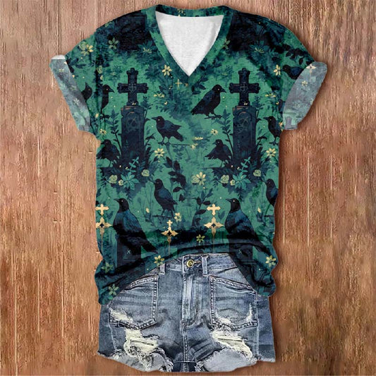 Women's Tombstone Raven Floral Print V-neck Short-sleeved T-shirt - Green - 5XL - image 1