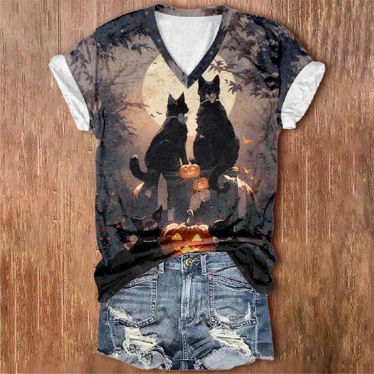 Women's Halloween Moon Bow-knot Cat Pumpkin Print V-neck Short-sleeved T-shirt - Multicolor - 5XL - image 1