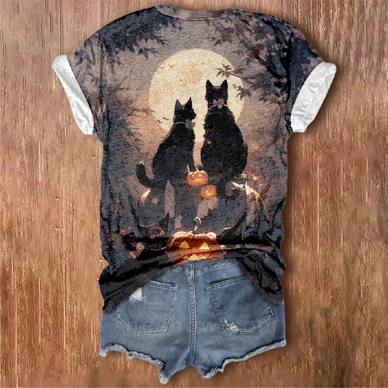 Women's Halloween Moon Bow-knot Cat Pumpkin Print V-neck Short-sleeved T-shirt - image 2
