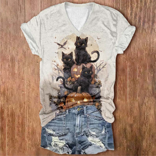 Women's Vintage Cats And Pumpkins Floral Print V-neck Short-sleeved T-shirt - White - 5XL - image 1