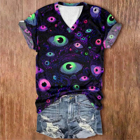 Women's Creative Colorful Eyeballs Print V-neck Short-sleeved T-shirt - Purple - 5XL - image 1