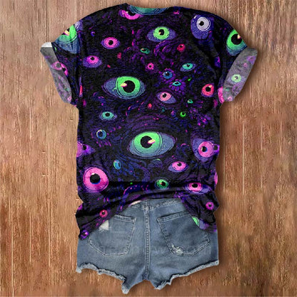 Women's Creative Colorful Eyeballs Print V-neck Short-sleeved T-shirt - image 2