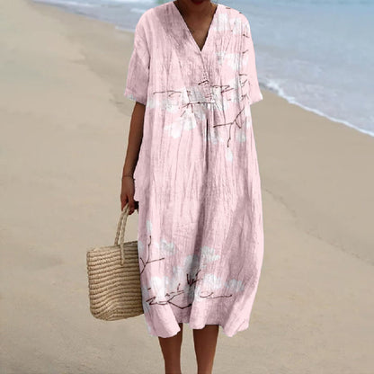 Women's Japanese Lovely Sakura Art Print V-neck Short Sleeved Casual Midi Dress - Pink - 5XL - image 1