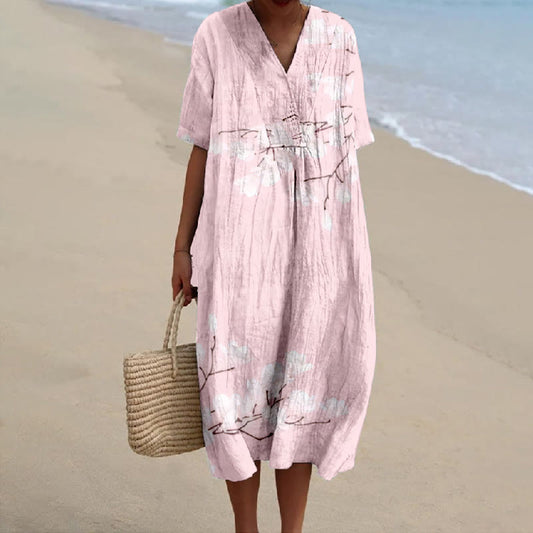 Women's Japanese Lovely Sakura Art Print V-neck Short Sleeved Casual Midi Dress - Pink - 5XL - image 1