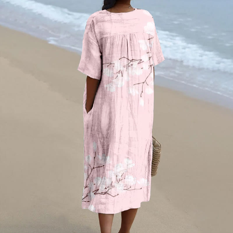 Women's Japanese Lovely Sakura Art Print V-neck Short Sleeved Casual Midi Dress - image 2
