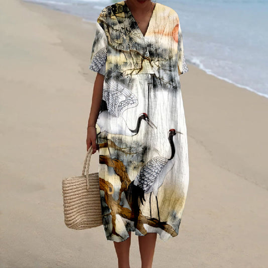 Women's Vintage Japanese Crane Pattern Print V-neck Short Sleeved Casual Midi Dress - Multicolor - 5XL - image 1