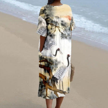 Women's Vintage Japanese Crane Pattern Print V-neck Short Sleeved Casual Midi Dress - image 2