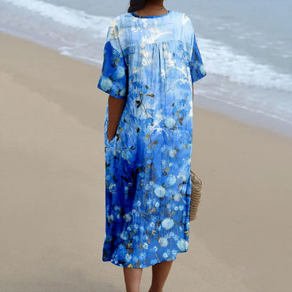 Women's Fantasy Blue Hydrangea Art Print V-neck Short Sleeved Casual Midi Dress - image 2