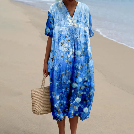 Women's Fantasy Blue Hydrangea Art Print V-neck Short Sleeved Casual Midi Dress - Blue - 5XL - image 1