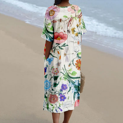Women's Oil Painting Multicolor Floral Art Print V-neck Short Sleeved Casual Midi Dress - image 2