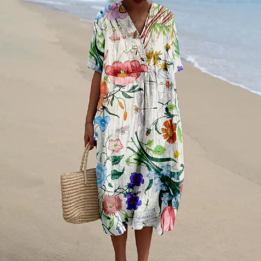 Women's Oil Painting Multicolor Floral Art Print V-neck Short Sleeved Casual Midi Dress - Multicolor - 5XL - image 1