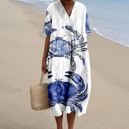 Women's Sketch Drawing Blue Crab Print V-neck Short Sleeved Casual Midi Dress - Blue - 5XL - image 1
