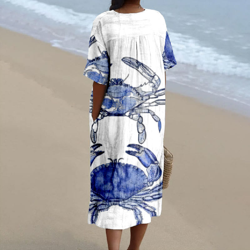Women's Sketch Drawing Blue Crab Print V-neck Short Sleeved Casual Midi Dress - image 2