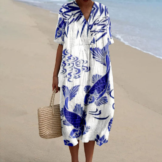 Women's Vintage Watercolor Swimming Koi Print V-neck Short Sleeved Casual Midi Dress - Blue - 5XL - image 1
