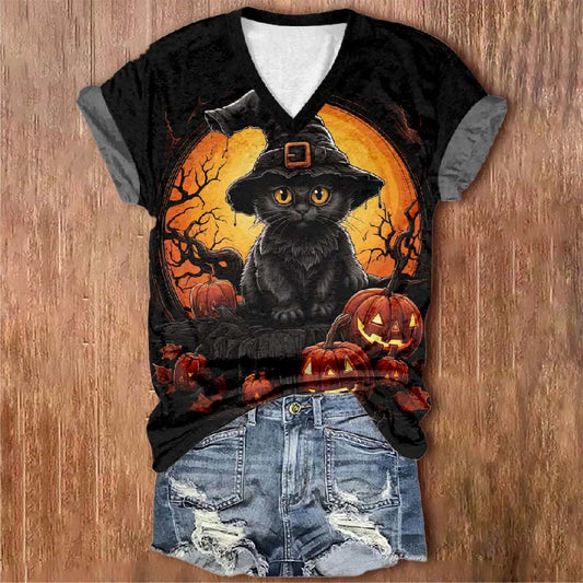 Women's Full Moon Cute Wizard Hat Cat Pumpkin Print V-neck Short-sleeved T-shirt - Black - 5XL - image 1