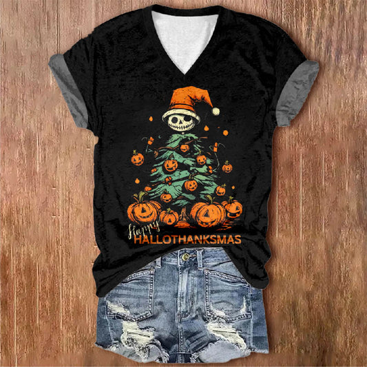 Women's Hallothanksmas Wizard Hat Skull Pumpkin Print V-neck Short-sleeved T-shirt - Black - 5XL - image 1