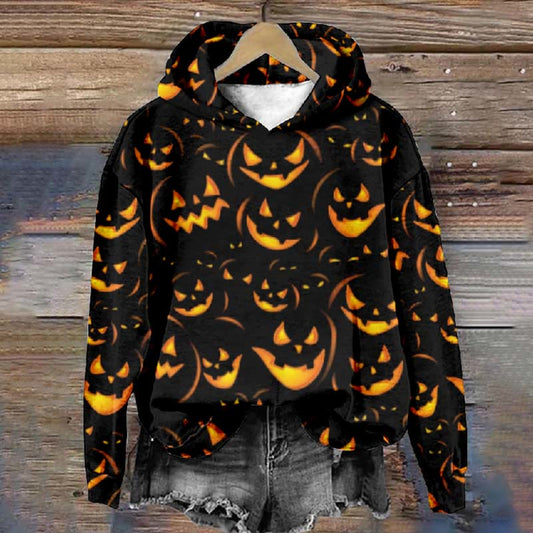 Women's Halloween Scary Blowing Pumpkins Print Casual Long Sleeve Hoodie - Orange - 8XL - image 1