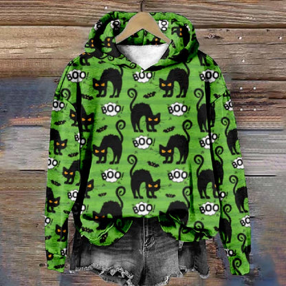 Women's Halloween Funny Boo Furry Black Cat Print Casual Long Sleeve Hoodie - Green - 8XL - image 1