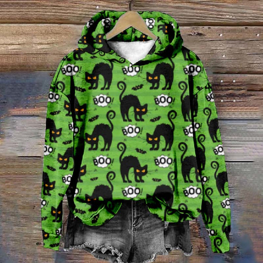 Women's Halloween Funny Boo Furry Black Cat Print Casual Long Sleeve Hoodie - Green - 8XL - image 1