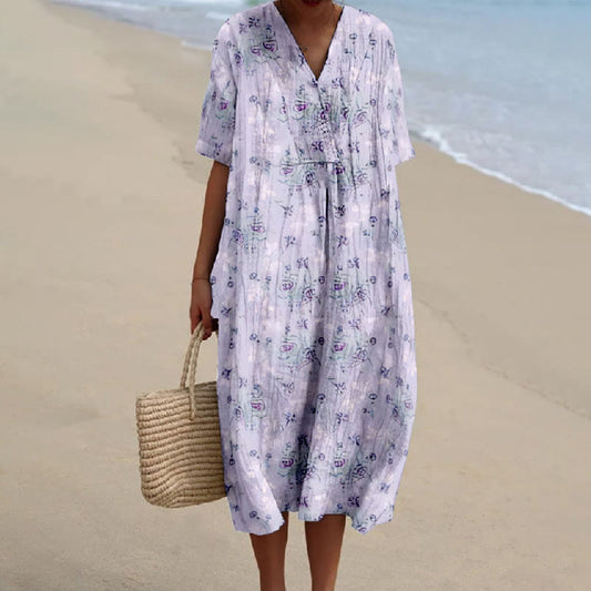 Women's Vintage Purple Floral Art Print V-neck Short Sleeved Casual Midi Dress - Light Purple - 5XL - image 1