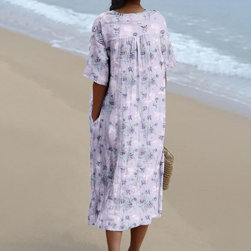 Women's Vintage Purple Floral Art Print V-neck Short Sleeved Casual Midi Dress - image 2