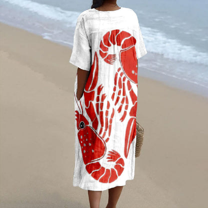 Women's Vintage Big Red Lobster Art Print V-neck Short Sleeved Casual Midi Dress - image 2