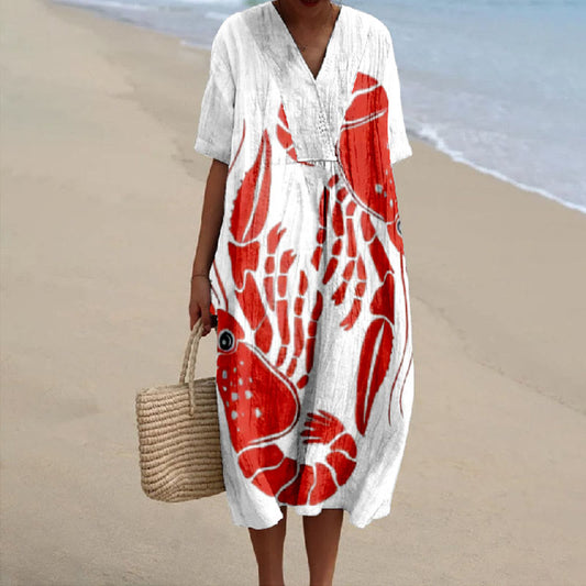 Women's Vintage Big Red Lobster Art Print V-neck Short Sleeved Casual Midi Dress - Red - 5XL - image 1