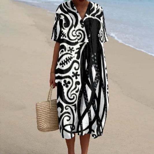 Women's Big Black Octopus Floral Pattern Print V-neck Short Sleeved Casual Midi Dress - Black - 5XL - image 1