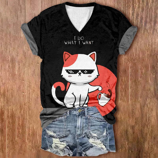 Women's I Do What I Want Cool Coffee Cat Print V-neck Short-sleeved T-shirt - Black - 5XL - image 1