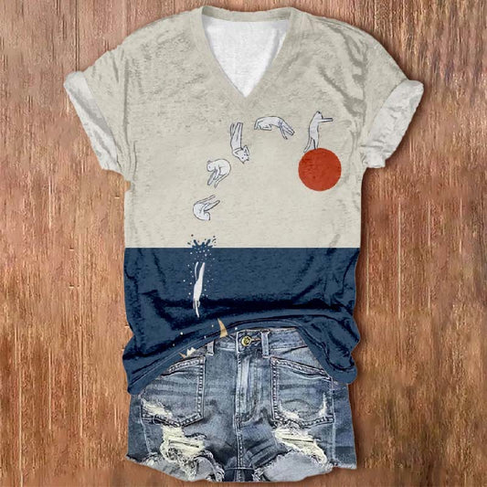 Women's Japanese Creative Diving Cats Print V-neck Short-sleeved T-shirt - Apricot - 5XL - image 1