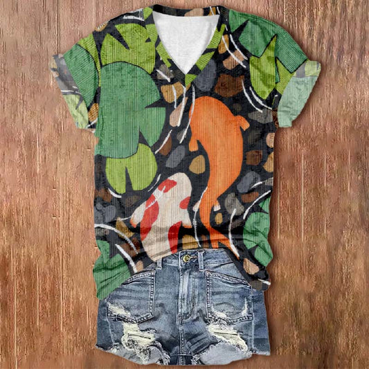 Women's Japanese Lotus Leaf Koi Fish Print V-neck Short-sleeved T-shirt - Multicolor - 5XL - image 1