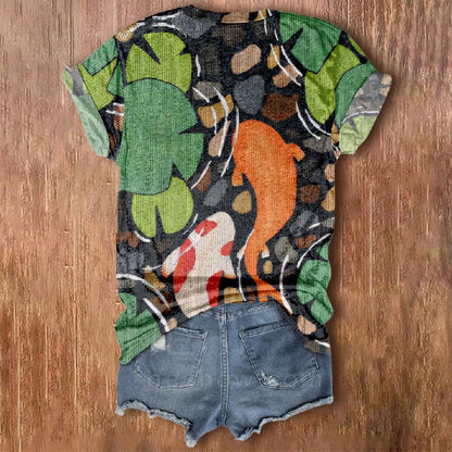 Women's Japanese Lotus Leaf Koi Fish Print V-neck Short-sleeved T-shirt - image 2