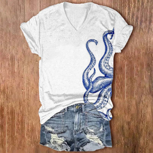 Women's Lovely Watercolor Octopus Tentacle Print V-neck Short-sleeved T-shirt - White - 5XL - image 1