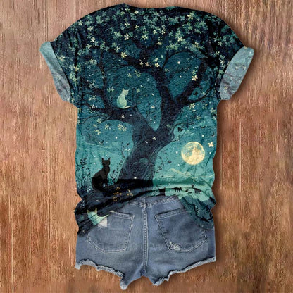 Women's Oil Painting Sakura Tree Cats Print V-neck Short-sleeved T-shirt - image 2