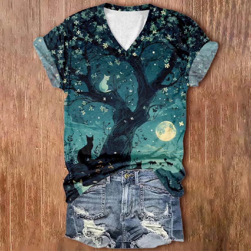 Women's Oil Painting Sakura Tree Cats Print V-neck Short-sleeved T-shirt - Green - 5XL - image 1