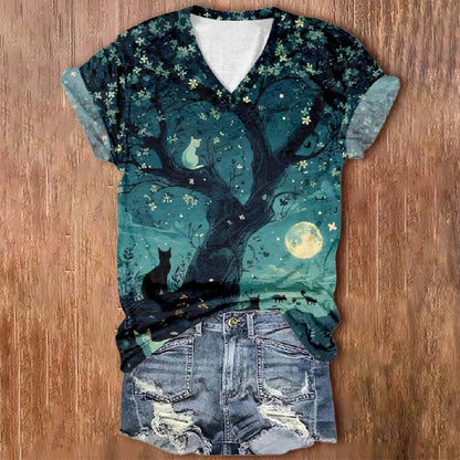 Women's Oil Painting Sakura Tree Cats Print V-neck Short-sleeved T-shirt - Green - 5XL - image 1