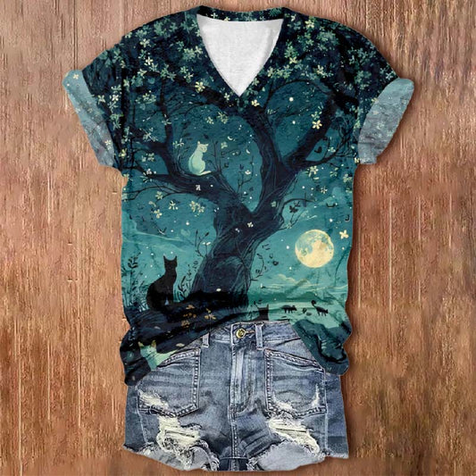 Women's Oil Painting Sakura Tree Cats Print V-neck Short-sleeved T-shirt - Green - 5XL - image 1