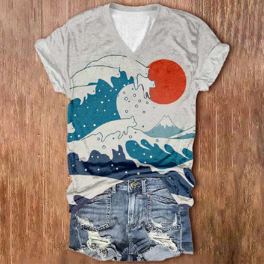 Women's Japanese Abstract Wave Cats Print V-neck Short-sleeved T-shirt - Apricot - 5XL - image 1