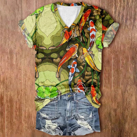 Women's Colorful Swimming Koi Fish Print V-neck Short-sleeved T-shirt - Multicolor - 5XL - image 1