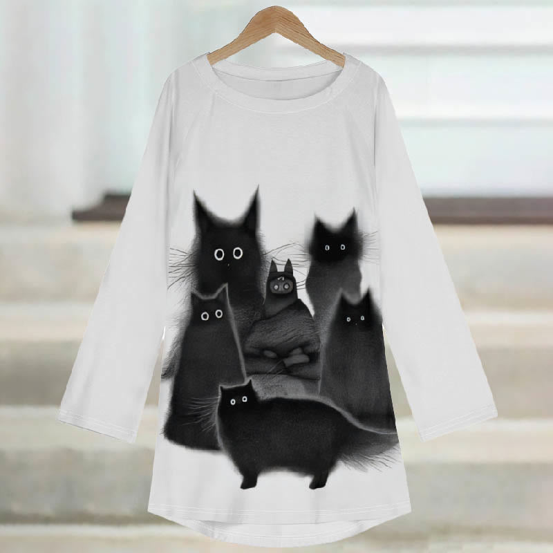 Women's Lovely Abstract Black Cats Print Casual Long Sleeve Tunic - image 2