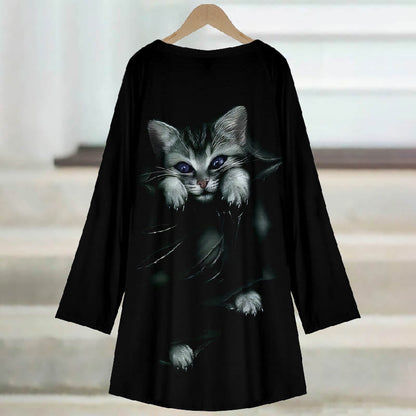 Women's Japanese Vintage Cute Lazy Cat Print Casual Long Sleeve Tunic - image 3
