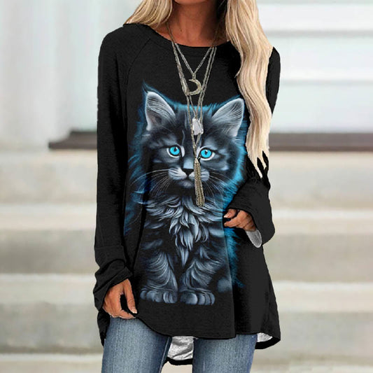 Women's Japanese Retro Blowing Furry Kitten Print Casual Long Sleeve Tunic - Black - 8XL - image 1