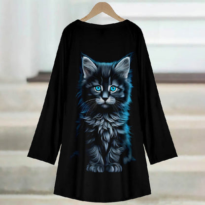Women's Japanese Retro Blowing Furry Kitten Print Casual Long Sleeve Tunic - image 3
