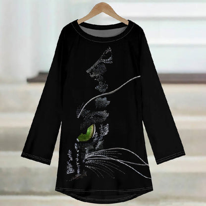 Women's Sketch Drawing Green Eye Cat Whisker Print Casual Long Sleeve Tunic - image 2