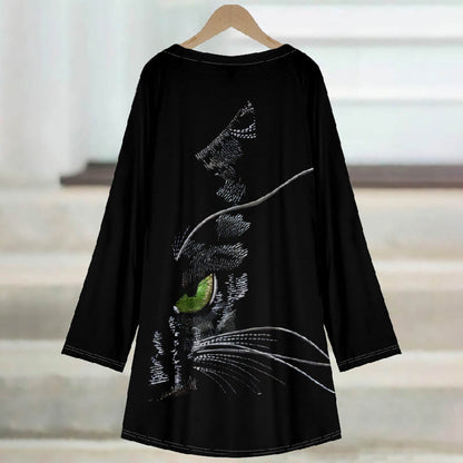 Women's Sketch Drawing Green Eye Cat Whisker Print Casual Long Sleeve Tunic - image 3