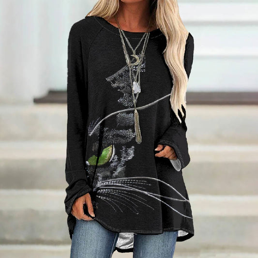 Women's Sketch Drawing Green Eye Cat Whisker Print Casual Long Sleeve Tunic - Black - 8XL - image 1